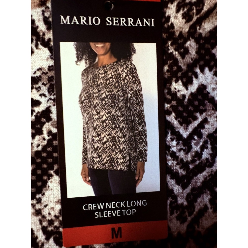 MARIO SERRANI Crew Neck Long Sleeve Top Size M Black White Print NWTβ